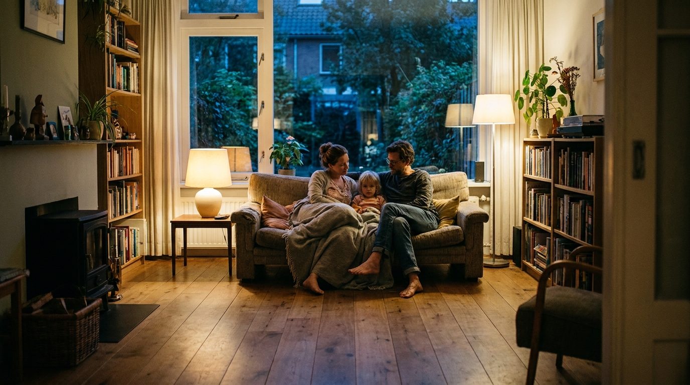 Gezin op de bank in een warme woonkamer in de avond